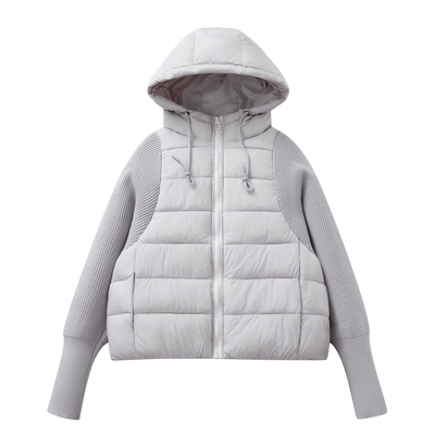 米白色针织拼接夹棉超好看冬装厚外套加厚棉服女款2025新款高级感