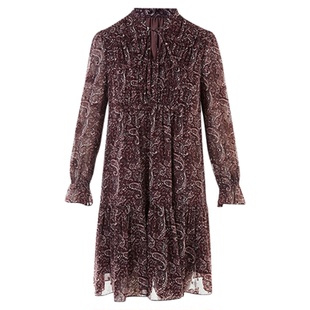 朗姿长袖复古花色连衣裙优雅系带立领木耳边裙子2025年秋季新款