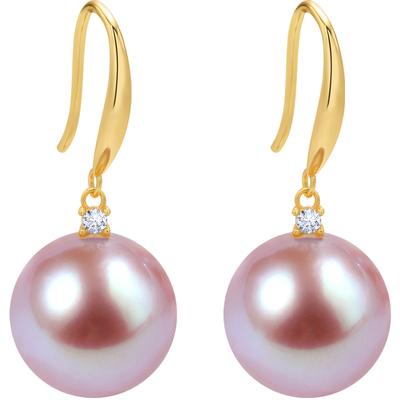 黛米彩云海9-12mm圆形珍珠耳环女S925银长款粉紫色耳坠-配证书