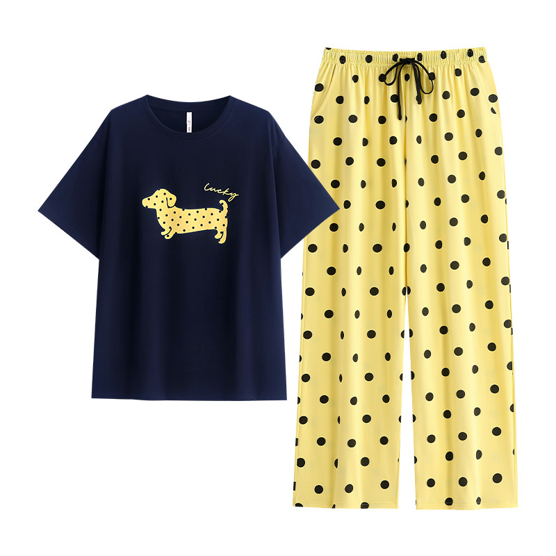 悦内睡衣女士夏季纯棉短袖长裤新款家居服夏天休闲圆领套头腊肠狗