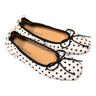 法式复古风波点蝴蝶结浅口单鞋女方头芭蕾舞平底日常休闲女鞋