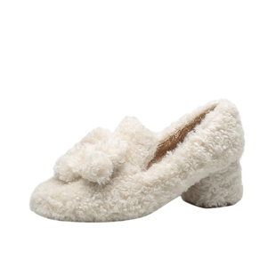 白色羊羔卷毛毛高跟鞋女冬外穿保暖棉鞋2025秋季新款法式加绒单鞋