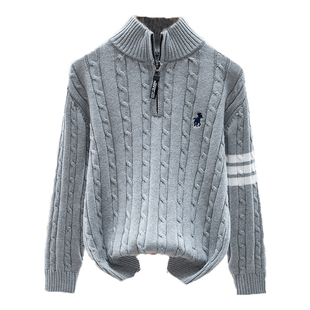 男童毛衣秋冬款加绒加厚儿童纯棉针织衫中大童男孩立领拉链打底衫