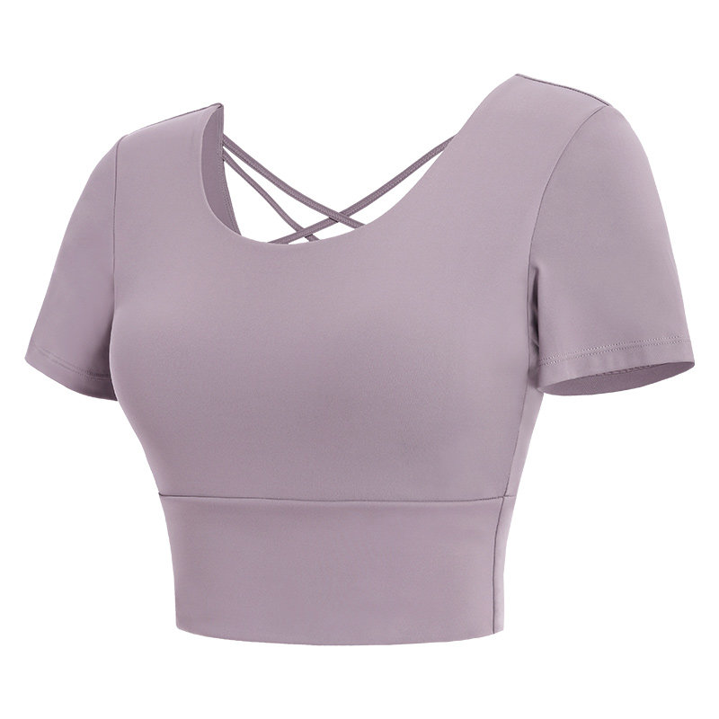 骆驼瑜伽T恤女款夏速干普拉提训练运动上衣一体式带胸垫健身短袖