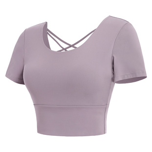 骆驼瑜伽T恤女款春季速干透气训练运动上衣带一体式罩杯健身短袖