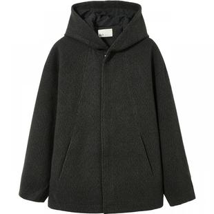 流石男装冬装高端连帽毛呢子外套男士新款冬季宽松保暖厚短款夹克