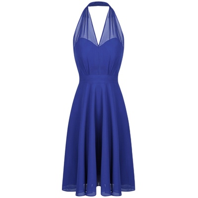 宝蓝色露背挂脖礼服爱乐之城同款