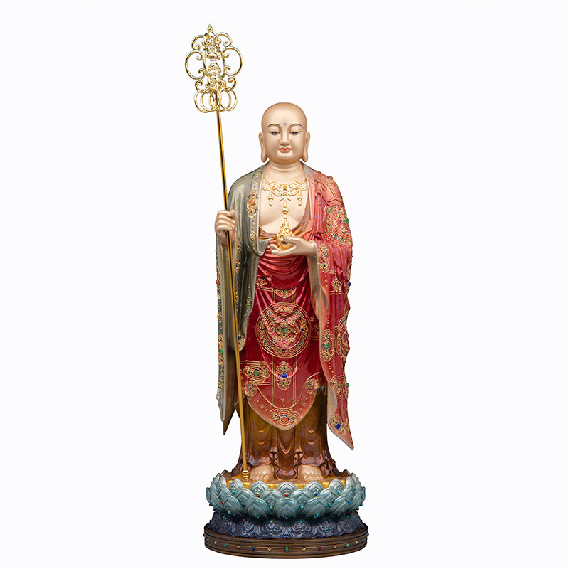 康盛九华山大愿地藏菩萨佛像全铜掐丝摆件居家供奉站光头地藏王像
