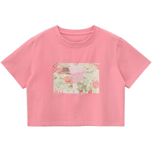 花吉B370玫瑰粉色印花纯棉短款短袖T恤女2026新款春上衣全棉夏