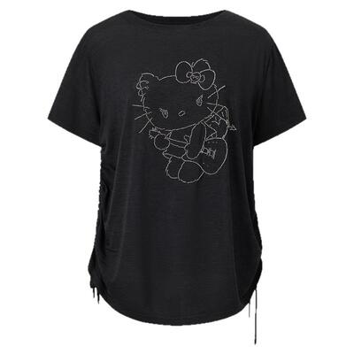 SoloForTwo 摇滚灵魂T恤 不对称斜肩短袖 一字领抽绳宽松上衣