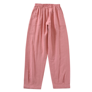 纯色简约纯棉双层纱布全棉睡裤女士宽松束脚萝卜裤薄款香蕉裤外穿