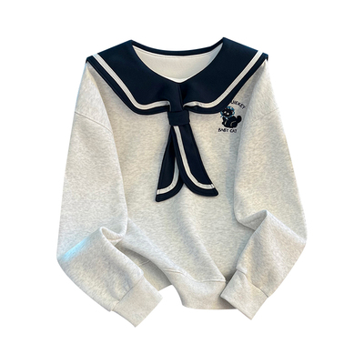 海军领刺绣小猫薄款卫衣女