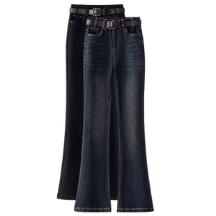 加绒复古色九分牛仔微喇裤女秋冬修身弹力高腰显瘦小个子长裤子女