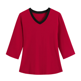 七分袖纯棉宽松桃心V领春夏T恤女韩版显瘦打底衫时尚百搭外穿上衣