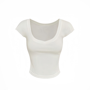 STN桃心圆领小t纯欲性感高弹V领莱赛尔天丝白色针织短袖薄款上衣