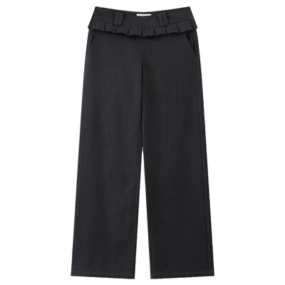 腰间花边设计条纹西装直筒休闲裤