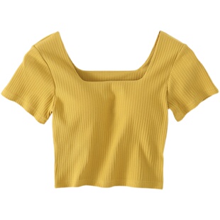 罩杯一体露脐短袖T恤纯棉女夏带胸垫免穿文胸方领外穿打底半袖衫