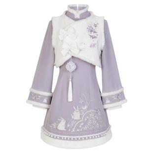 连衣裙女秋冬汉服中国风日常小个子减龄可爱lolita马甲新中式套装