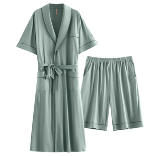 【柔感】睡衣男士睡袍男款浴袍式大衣夏款夏季薄款纯棉短袖两件套