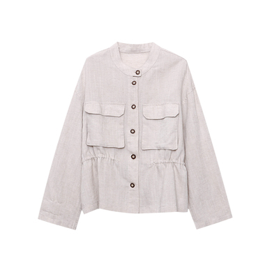 亚麻抽绳小立领短款宽松工装外套