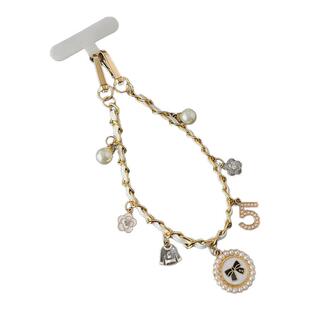 ins小香风手机链黑白皮革金属挂链挂手腕山茶花爱心珍珠吊坠时尚大牌手提包包链条女手链防丢挂绳吊绳挂饰壳