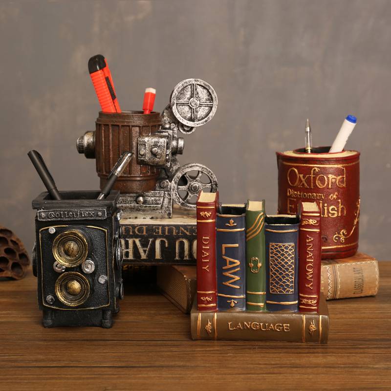 新品 复古萨克斯小提琴书本装饰树脂笔筒摆件客厅书房桌面摆设一
