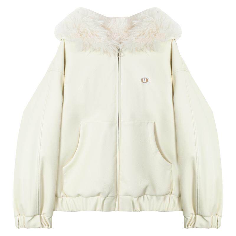 KEIKO毛领白色皮衣连帽棉服