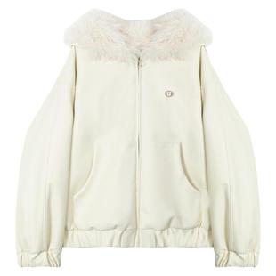 KEIKO[蓄热毛绒内里] 毛领白色皮衣棉袄冬疗愈绒感连帽外套厚棉服