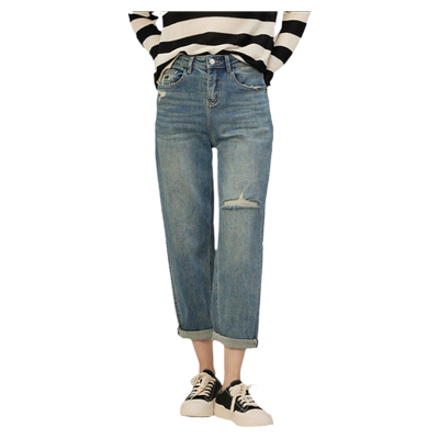 梵凯锥形九分破洞中高腰牛仔裤