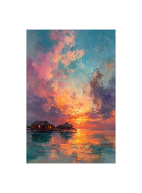 可班艺术纯手绘油画日落海边小屋