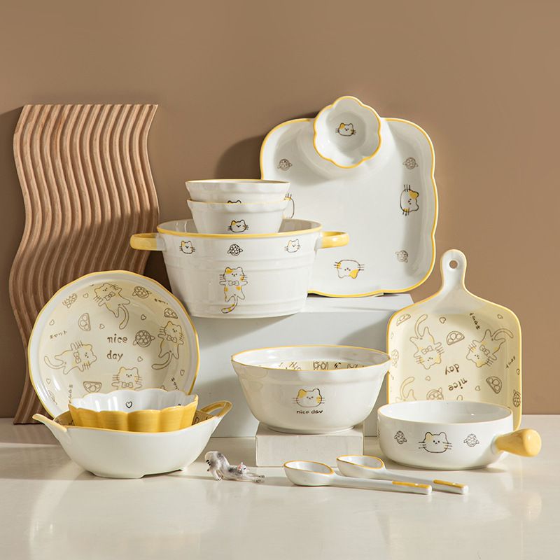 网红ins柠檬猫可爱餐具创意家用手柄碗大汤碗烤盘陶瓷碗盘碟批发