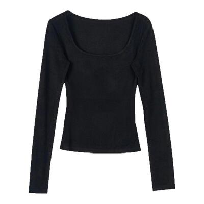 带胸垫方领长袖t恤女内搭打底衫