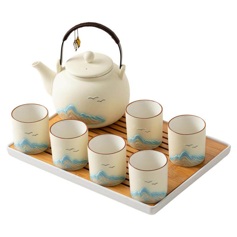 磨砂提梁壶功夫茶具套装陶瓷简装中式现代浮雕江山茶壶茶杯一套组