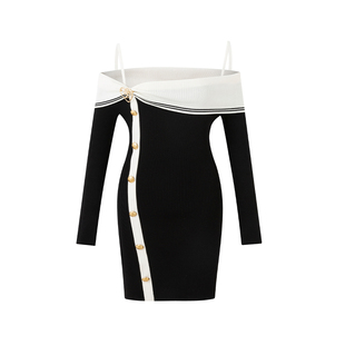 DIANA VEVINA夏季新款黑色一字肩修身包臀露肩性感连衣裙