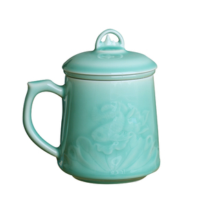 龙泉青瓷龙鱼戏荷茶汤分离茶杯高端办公杯陶瓷带盖毕业送老师礼物