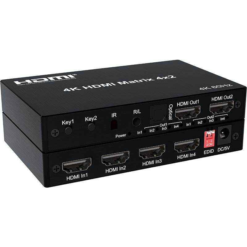hdmi切换器2.0版高清HDMI二进四出2进4出矩阵2*4分配器4K60HZ分频音频分离机顶盒电视卖场多屏幕扩展拼接屏