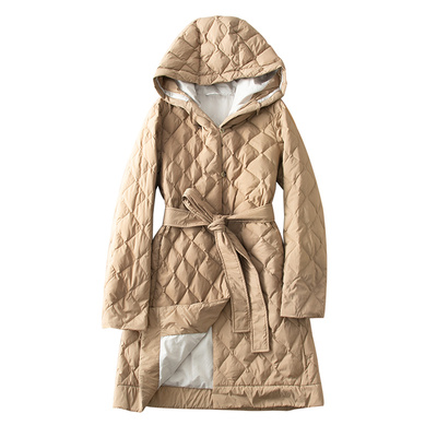 蛮文 意M系优雅女人味 连帽系带收腰中长鹅绒服外套大衣内胆46276