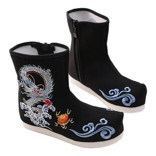 原创古风皂靴飞鱼服明制中表演出儿童绣花鞋黑色古装男童汉服靴子