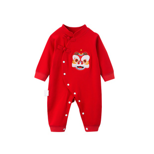 新生婴儿连体衣百日宴周岁衣服女宝宝满月喜庆过年拜年服红色爬服