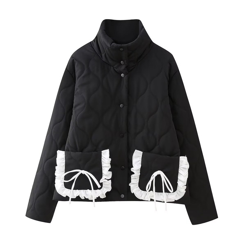 百搭蝴蝶结口袋装饰立领棉服外套