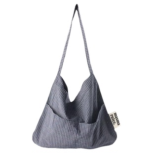 MASMARULEZ韩国正品现货格子帆布包旅游单肩包灰色格子布包购物袋