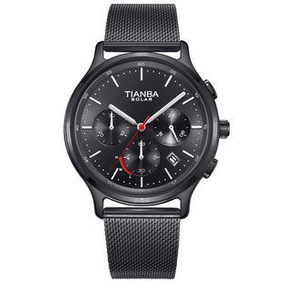 天霸手表男太阳能光能运动时尚石英防水钢带非机械男表9013