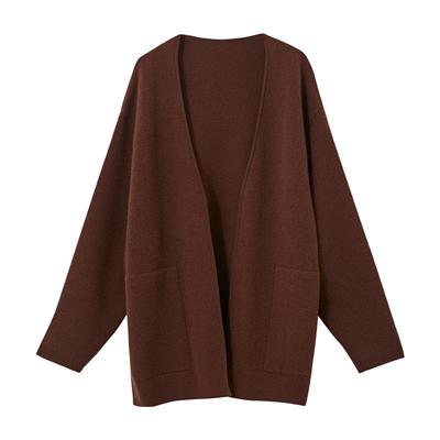 Amii2025冬新款休闲慵懒风宽松V领口袋毛织开衫女羊毛中长上衣