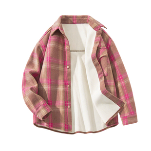 巴布豆女童格子衬衫加绒加厚2026新款冬季儿童衬衣帅气小女孩衣服