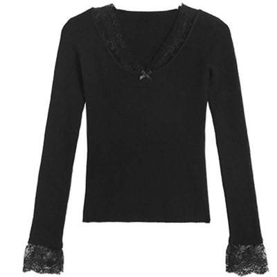大码黑色蕾丝v领长袖内搭打底衫