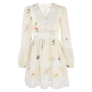 韩语琳印花拼接连衣裙2026新款今年流行爆款气质长袖收腰a字裙子