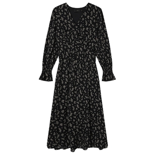 白鹿语法式复古碎花V领长袖连衣裙春秋收腰显瘦优雅气质长裙