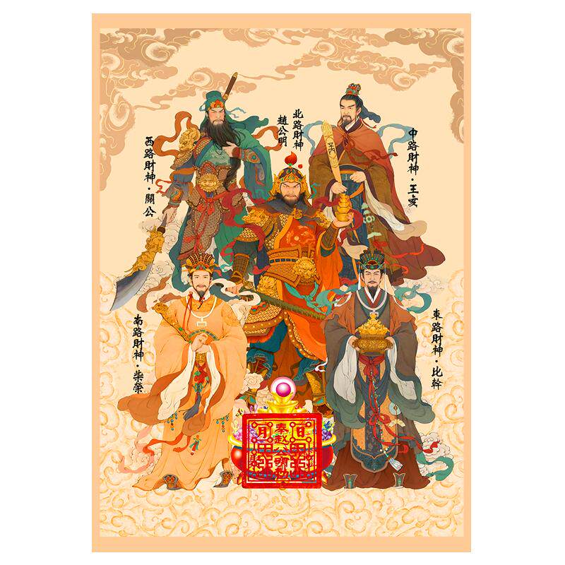 马年财神爷画像木板年画乔迁开业新年春节五路财神到贴纸福字门贴