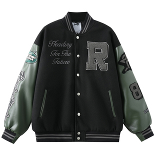 REOCHA热呈复古重磅桌球主题毛巾绣皮袖棒球服夹棉街头外套男女
