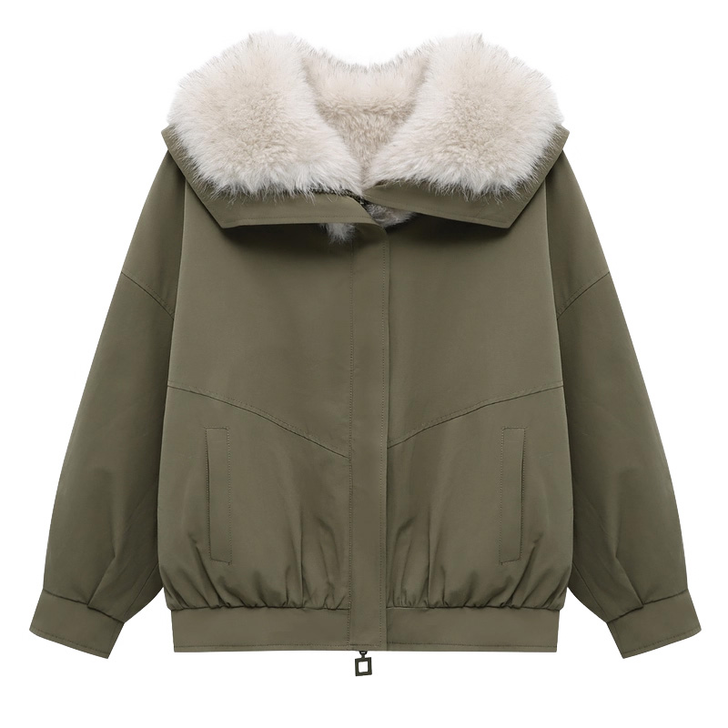 Basic House/百家好工装仿羊羔毛翻领极简高级感秋冬保暖短款外套